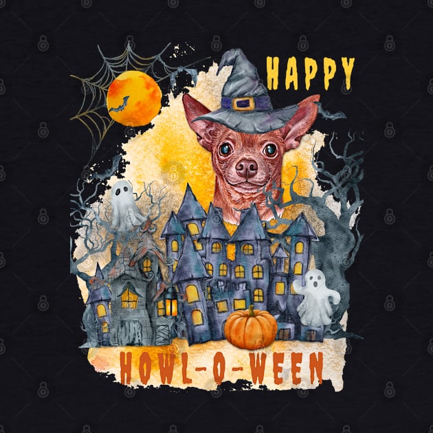 Chihuahua Happy Howl-o-ween Ghost Houses Funny Watercolor by Sniffist Gang